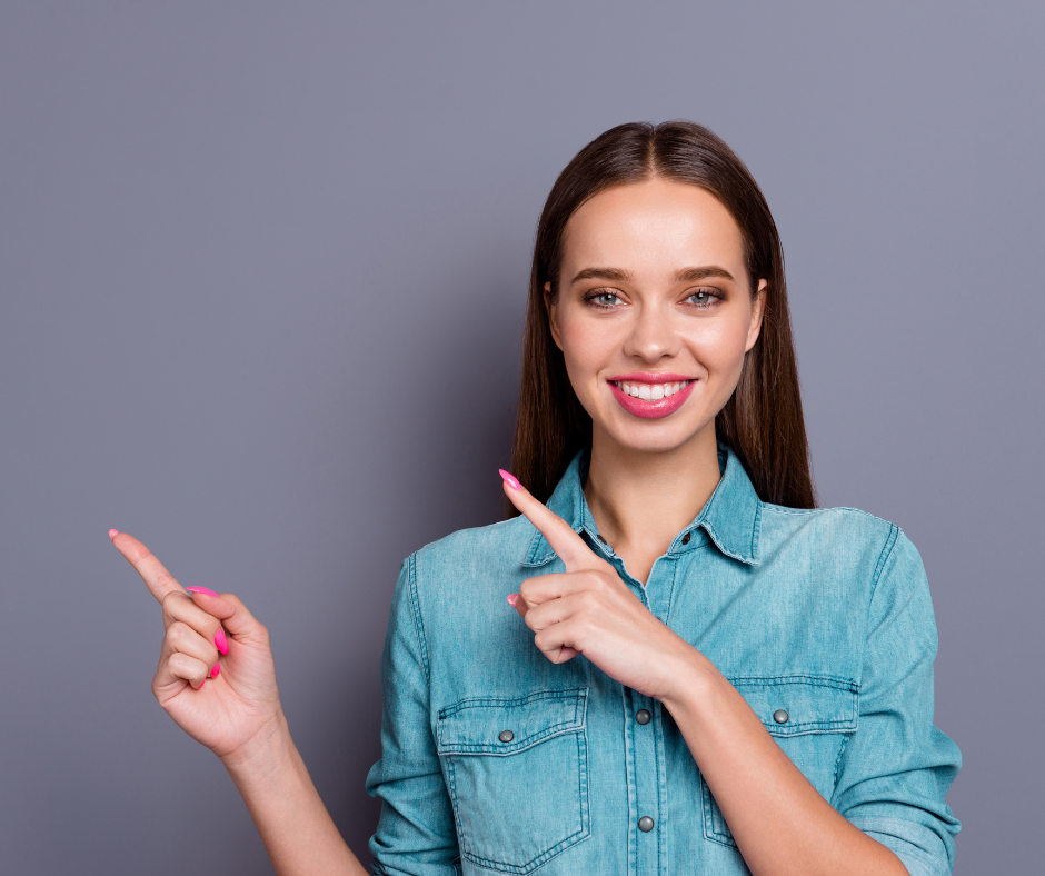 Girl pointing at about us content